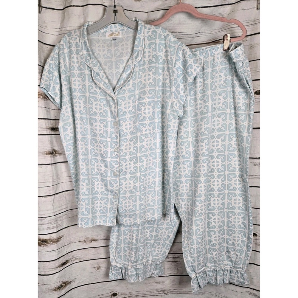 Jayes Studio Pajamas Set XL  18-20 Top Pants Womens 2 Pc Blue Ruffle Tile Print